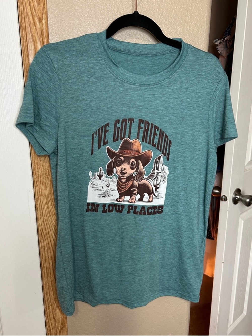 DOG LOVER Heathered Teal Graphic Tee with Dachshund Friends in Low Places - Picture 3 of 4